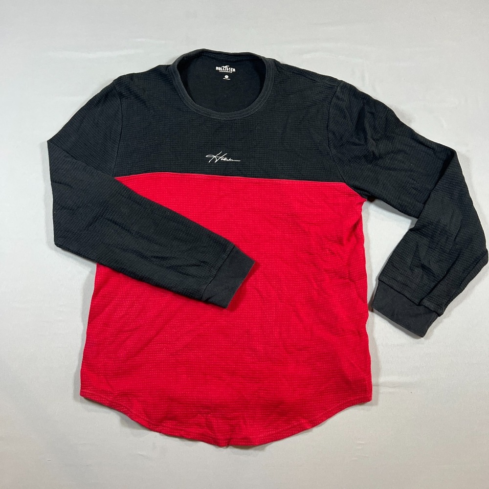 Hollister Long Sleeve Shirt Mens M Red Black Colorblock Waffle Knit Crew Neck